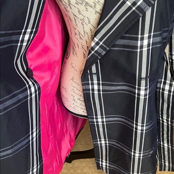 Madison Navy White Plaid Trench Coat Jacket Pink Lining - Picture 5 of 8